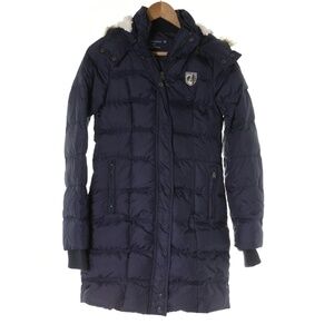 NWOT American Eagle Quilted Down Faux Fur Hooded Navy Puffer Parka Jacket S
